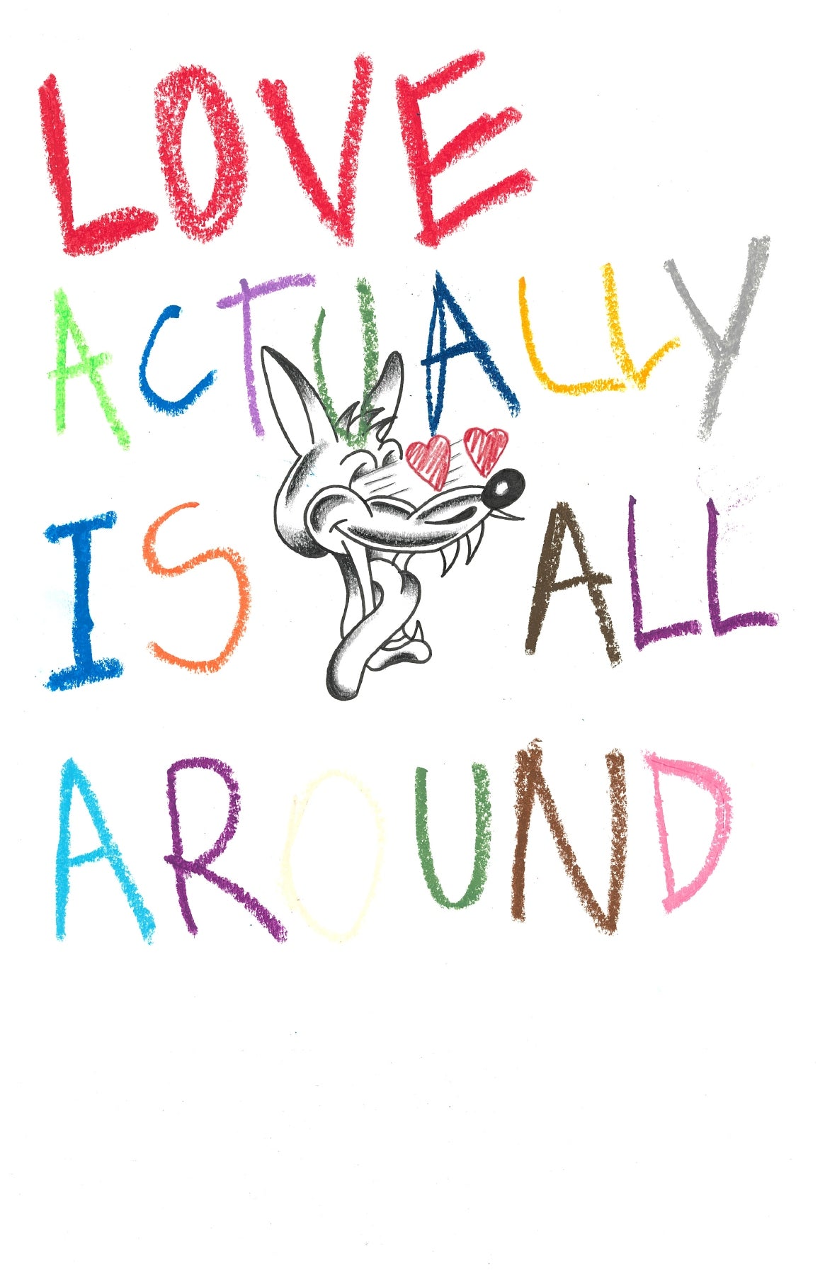 Colourful words Love actually is all around with a rabbit illustration