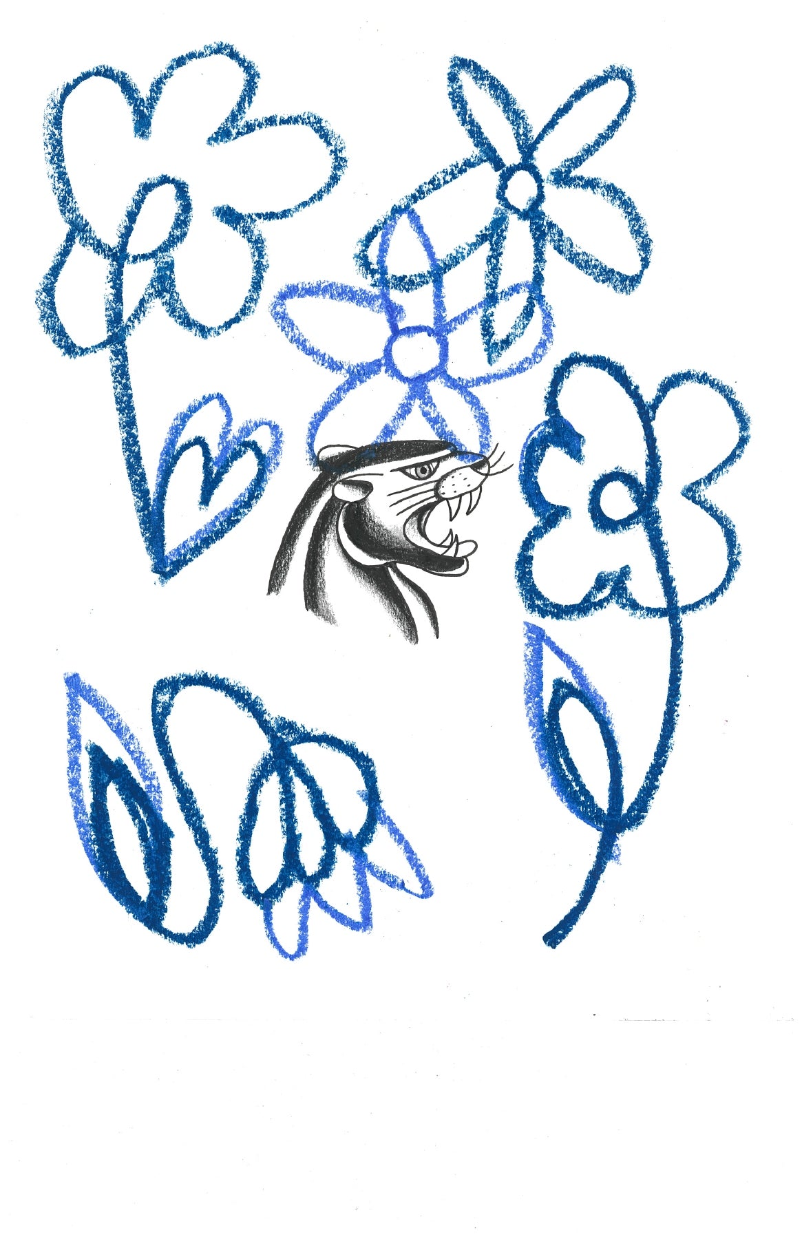 Blue flowers surrounding a black illustrated face